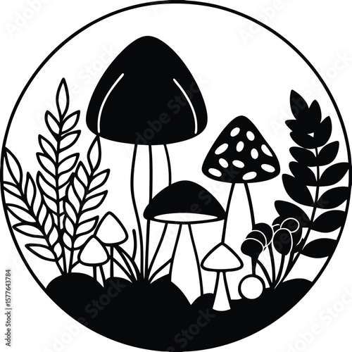 Forest Floor Silhouette Mushrooms and Ferns in a Circular Design
