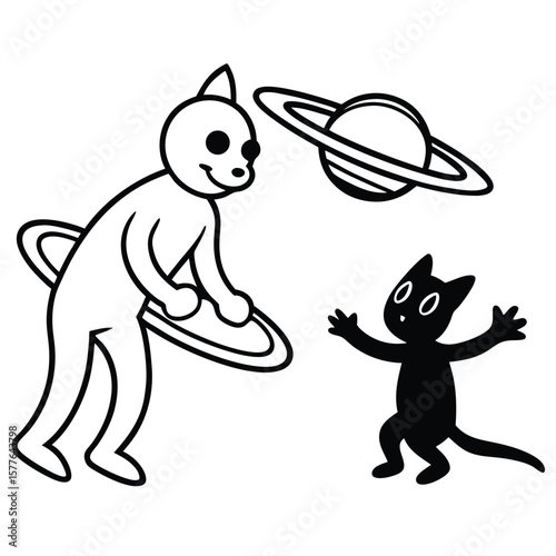 Playful Alien and Cat Silhouette Cosmic Fun Illustration