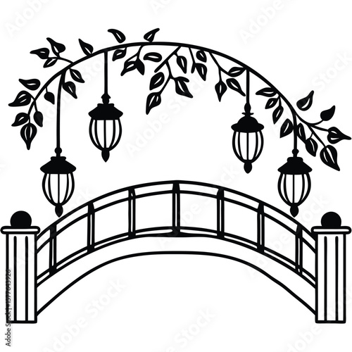 Elegant Silhouette of an Arched Wooden Bridge Adorned with Hanging Lanterns and Vines