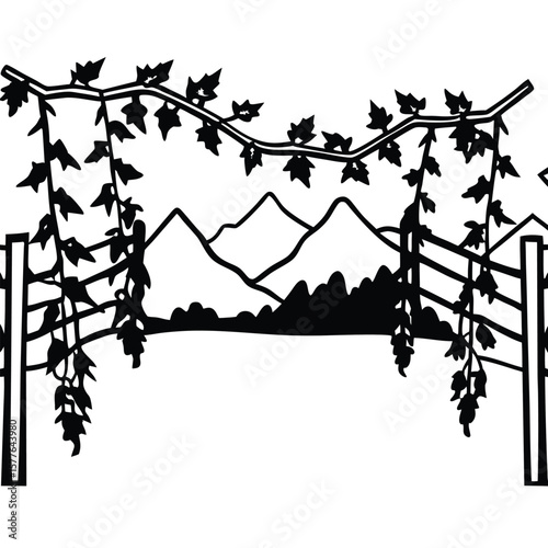Rustic Fence Silhouette with Mountain View and Climbing Vines A Serene Landscape Illustration