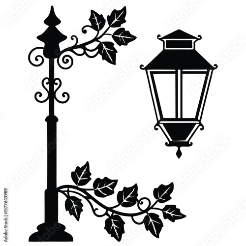 Elegant Silhouette of an Old-Fashioned Lamp Post and Lantern with Vines