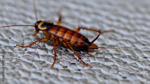Closeup of a Cockroach Crawling on Textured Surface with Sharp Focus