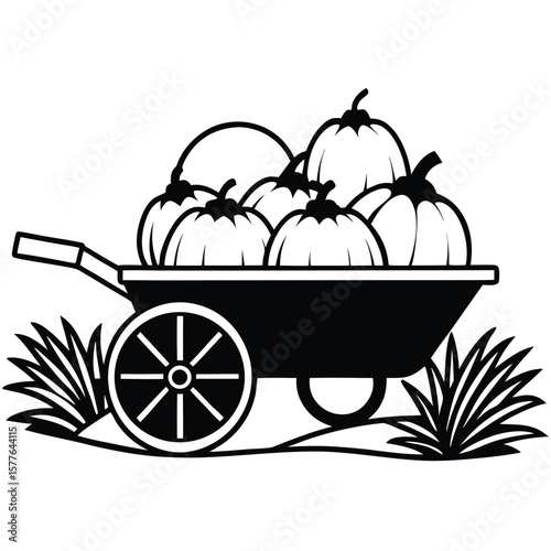 Autumn Harvest Silhouette of a Wheelbarrow Overflowing with Pumpkins