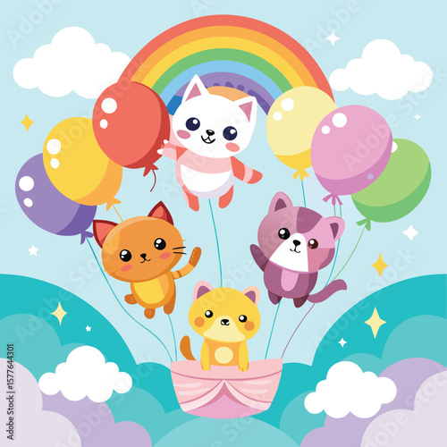 Adorable Tiny Kittens and Puppies Soaring on Colorful Balloons A Whimsical Illustration