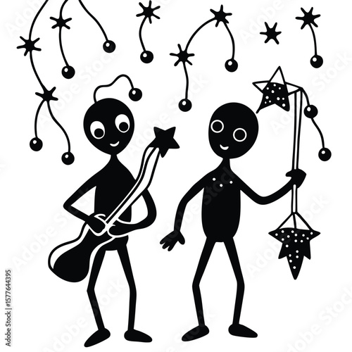 Cosmic Duo Two Alien Friends Jamming Under a Starlit Sky