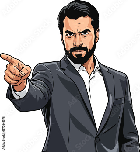 Serious Man Pointing Confident businessman illustration with a stern expression directing attention.