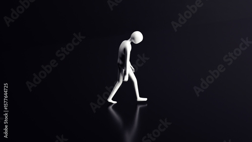 3D Rendered Figure Walking Alone on Dark Reflective Surface Minimalist Design Evoking Solitude, Introspection, and Emotional Expression Through Contemplative Posture and Movement
