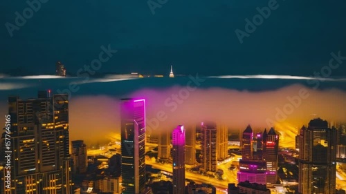 Aerial view of a vibrant city skyline at dusk, enveloped in fog with illuminated buildings