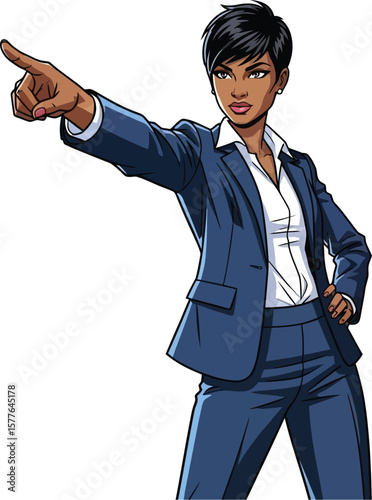 Confident Businesswoman Cartoon Pointing with Purpose, Ready to Lead and Direct for Success in Professional Environment