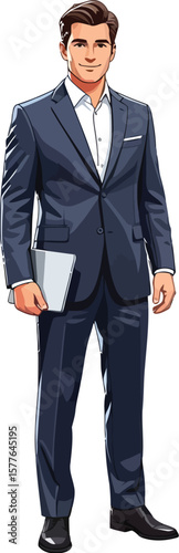 Professional Businessman Illustration in a Suit with a Laptop for Business Concepts