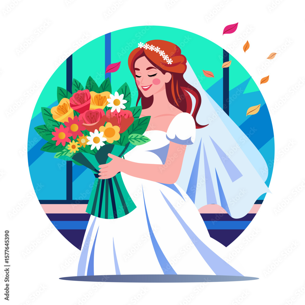 A flat style illustration showing bride bouquet A flat style illustration showing bride bouquet