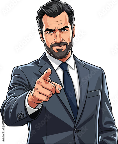 Determined businessman in suit pointing forward, symbolizing leadership, direction, and a call to action in corporate environment.