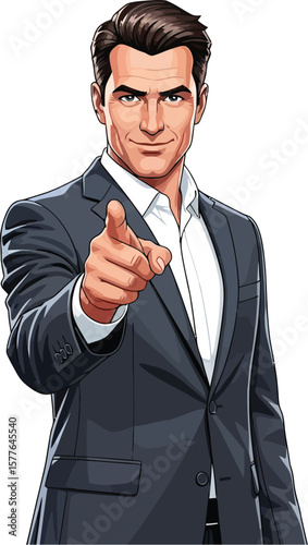 Illustrative Businessman Pointing, Indicating Selection or Choice