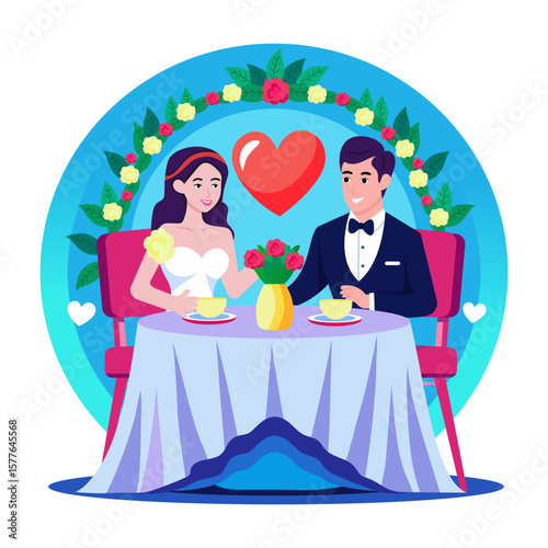 A flat style illustration showing a couple having wedding dinner
