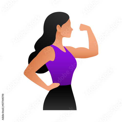 Sporty woman shows strong arms. Athletic girl bends her arm with muscular biceps as symbol of healthy fitness and bodybuilding