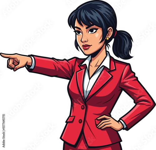 Confident Woman in Red Suit Pointing Forward Business Leadership Illustration