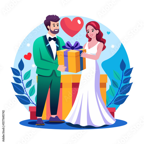 A flat style illustration showing groom giving gift