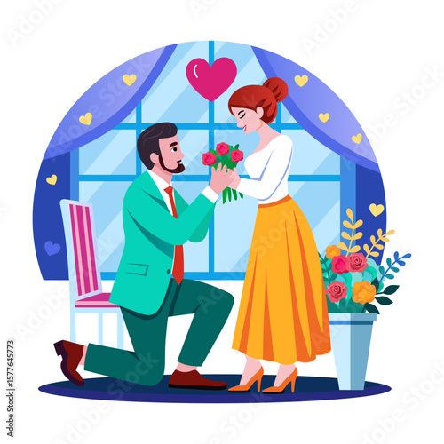 A flat style illustration showing a person proposing to her girlfriend