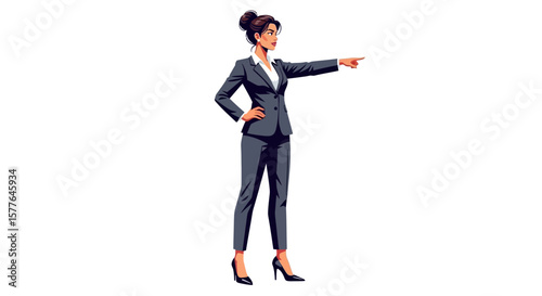 Businesswoman pointing forward in vector style, showcasing leadership and confident career woman,isolated, clean background. 