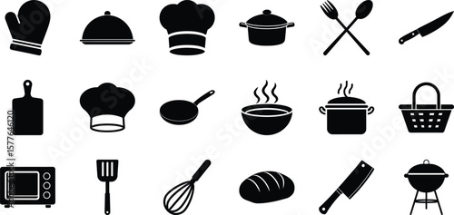 Cooking and kitchen icon set, silhouette chef tools, cookware, utensils, ovenware, food prep and grilling symbols