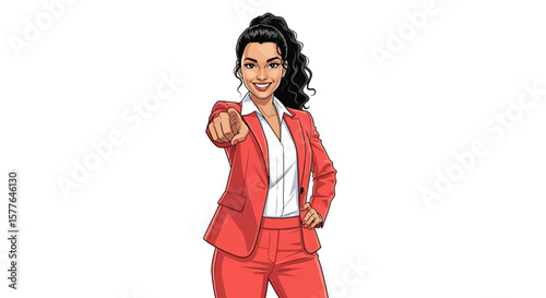 Confident Woman in Red Suit Pointing Forward, Inspiring Action and Connection