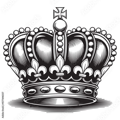 Ornate royal crown with fleur de lis and cross symbol in black and white engraving style