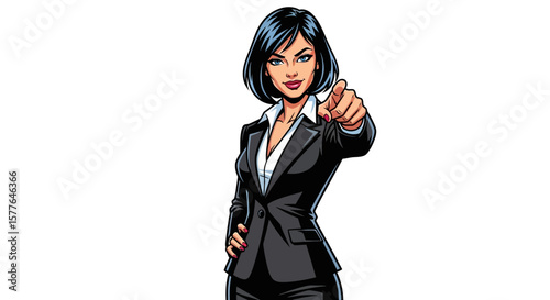 Confident Woman in Business Suit Points Forward Assertive Leadership and Professionalism, perfect for corporate presentations and training materials.