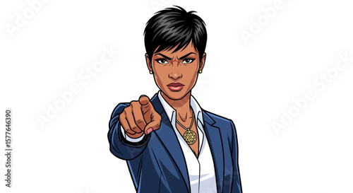 Confident Woman in Business Attire Pointing Forward, a symbol of leadership and decisive action in professional scenarios.