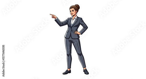 Empowered Businesswoman Directing Focus with Confidence and Professional Style in a Suit, pointing direction, with a sense of purpose.
