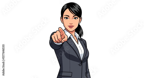 Confident Woman in Business Suit Pointing Forward Illustration