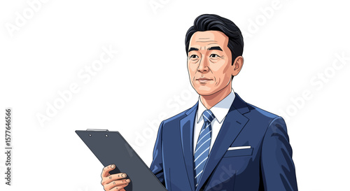 Thoughtful Asian Businessman Holding Clipboard A professional illustration of an Asian man in a suit, looking thoughtful, while holding a clipboard, perfect for business needs.