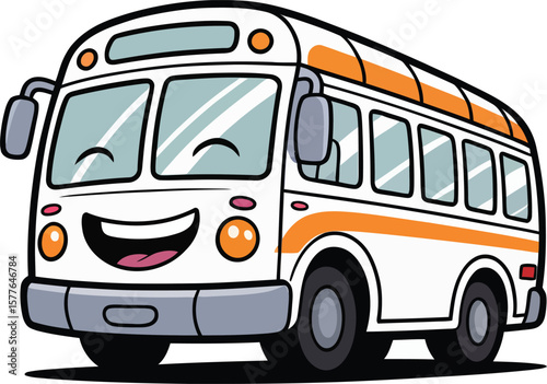 Happy cartoon bus with orange stripes isolated on transparent background