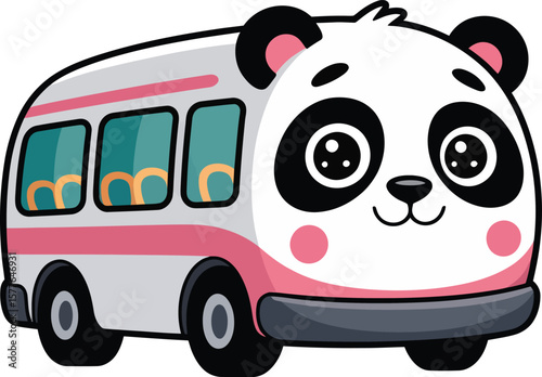 Cute cartoon panda bus with pink accents isolated on transparent background