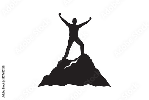 Achieving Success Man Standing on Mountain Top with Arms Raised in Victory a Powerful Silhouette