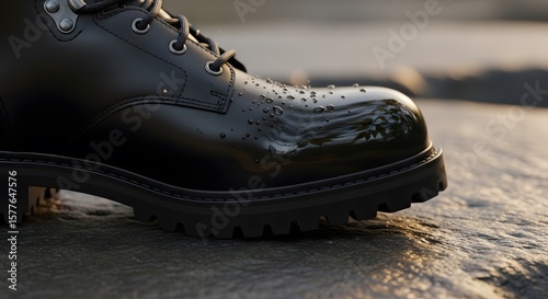 Close-up of a black leather boot with a glossy finish resting on a wet surface with small water droplets reflecting sunlight. The focus is on the texture and detail of the footwear.