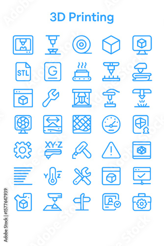 A collection of blue line icons illustrating the process and technology of 3D printing.