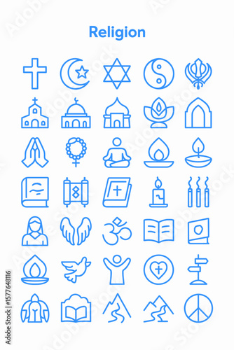 A collection of various religious symbols and icons presented in a blue outline style.