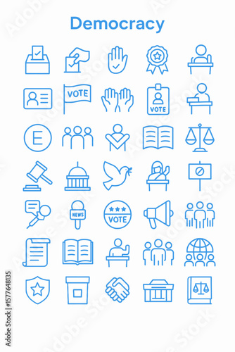 Collection of linear blue icons representing various aspects of democracy and voting.