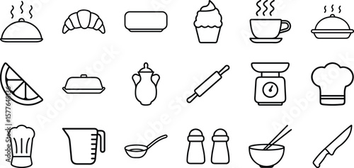 Cooking line icon set. Contains such icons as rolling pin, frying Pan, kitchen knife, cooker hood. Cooking recipe outline vector signs and symbols collection.