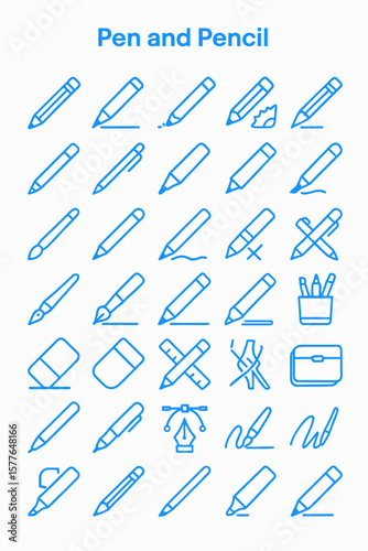 A collection of blue line icons depicting various pens and pencils in different positions and actions, including writing and drawing.