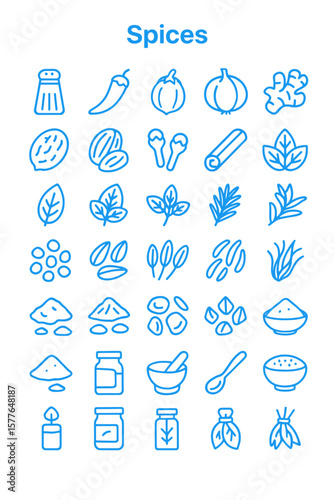 A collection of stylized, blue-outlined icons representing various spices and herbs.