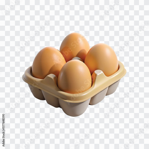 Farm Fresh Delight: Four brown eggs sit nestled in their cardboard carton, a symbol of simplicity and the fresh bounty of the farm. Evoking feelings of healthy eating and wholesome goodness.