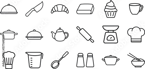 Cooking line icon set. Contains such icons as rolling pin, frying Pan, kitchen knife, cooker hood. Cooking recipe outline vector signs and symbols collection.