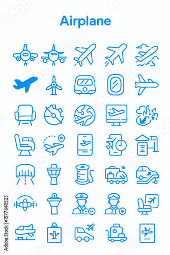 Collection of outlined, light-blue airplane-related icons, depicting various aspects of air travel.
