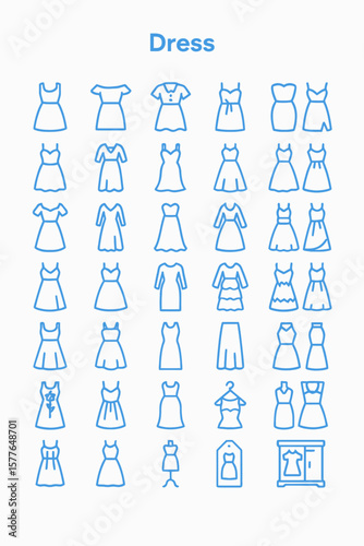A collection of diverse dress designs illustrated as simple line icons.