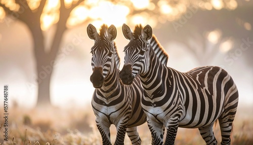 Dos cebras están una al lado de la otra en un campo brumoso, sus llamativas rayas blancas y negras contrastan maravillosamente con el suave bokeh del entorno natural; el enfoque nítido resalta su cone