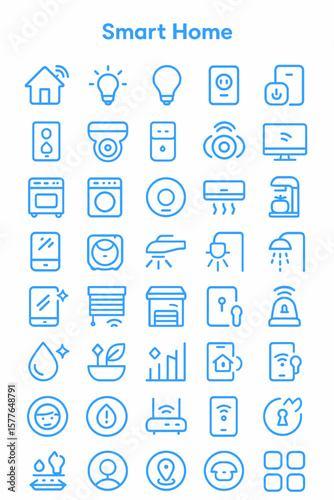 A collection of light blue icons depicting various smart home devices and features.
