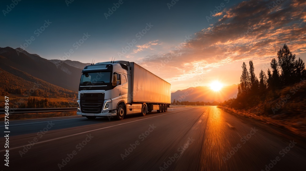 Obraz premium Large Transportation Truck on a highway road through the countryside in a beautiful sunset