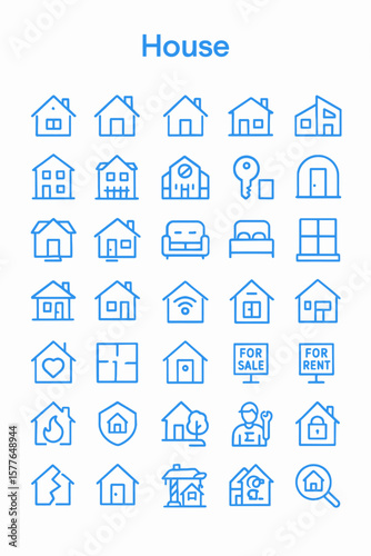Collection of simple, blue line art icons depicting various houses and home-related objects.