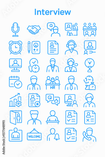 A collection of blue line icons representing various aspects of job interviews and recruitment processes.
